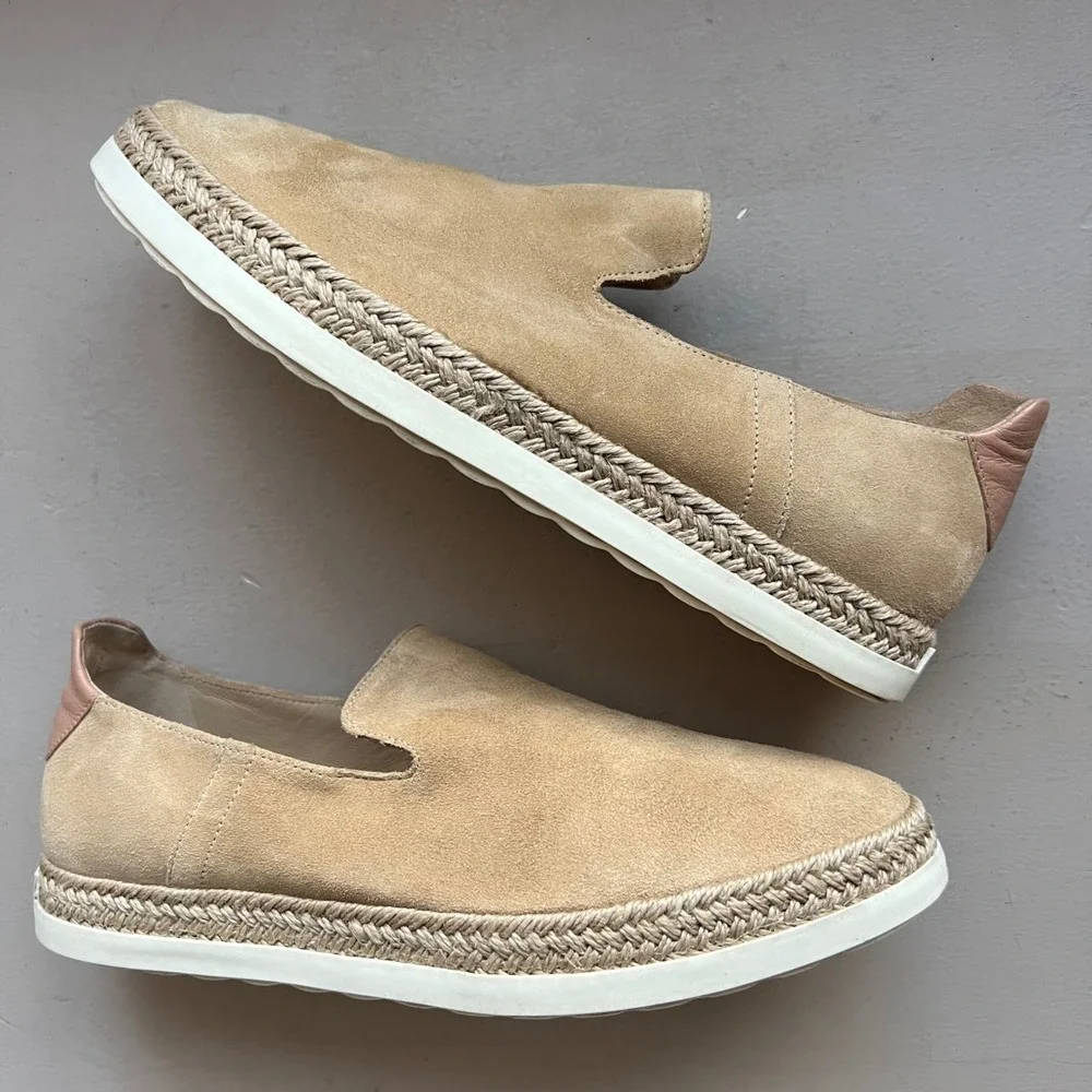 Vince Women 6.5 M‎ Tan Suede Espadrille Slip On Sneakers Braided Jute Platform